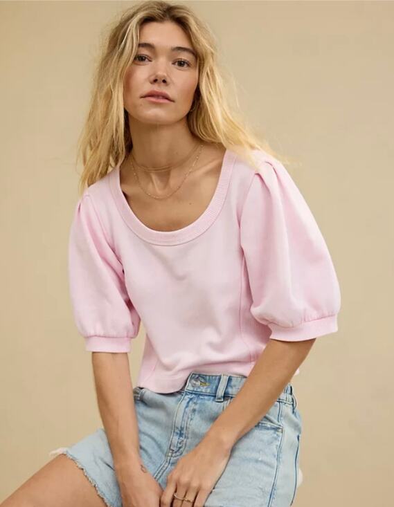 aerie Tops - Aerie Seams Right Short Sleeve Cropped Sweatshirt Women's Medium Soft Pink